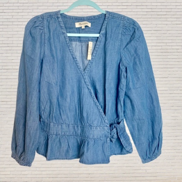 Madewell Denim Puff-Sleeve Peplum Wrap Top - Picture 5 of 6